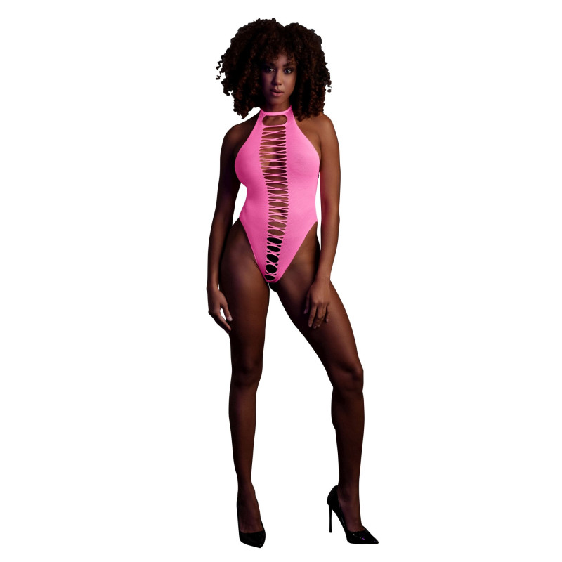 BODY Z WYSOKIM WYCIENCIEM NEONOWY RÓŻ  XS/XL